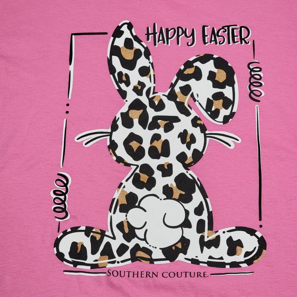 Gildan Southern Couture SS Tee Pink HAPPY EASTER Cow Print Bunny Size Medium NWT